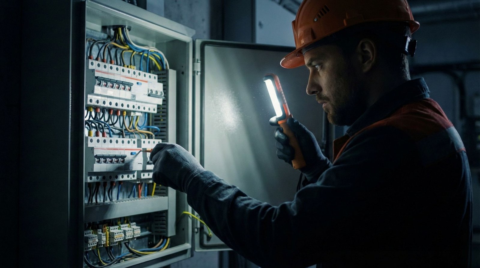 Electrician inspecting electrical panel