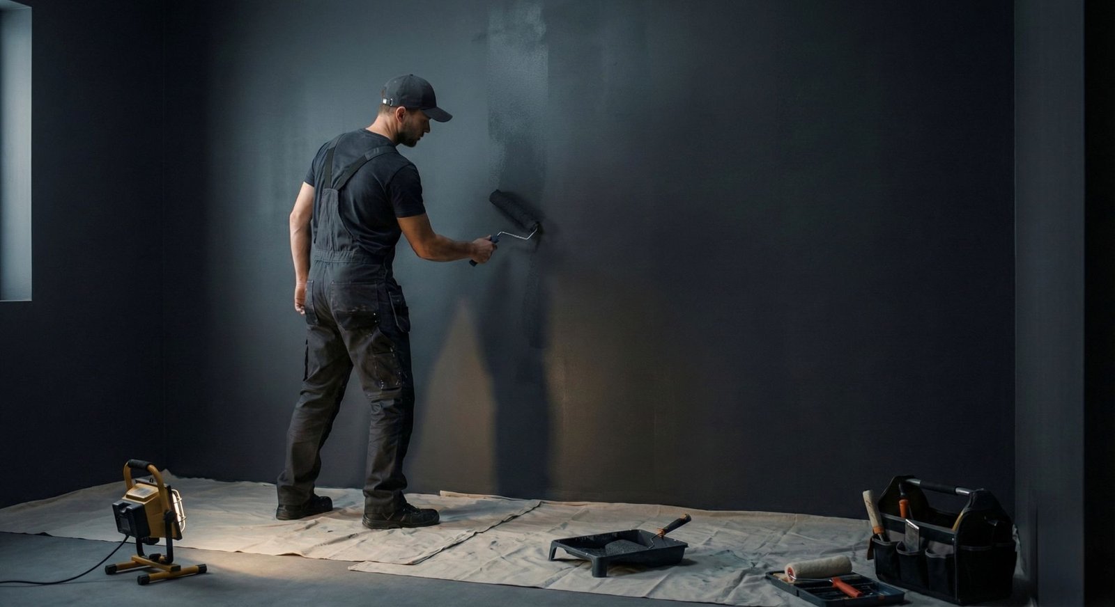Professional painter using roller on wall