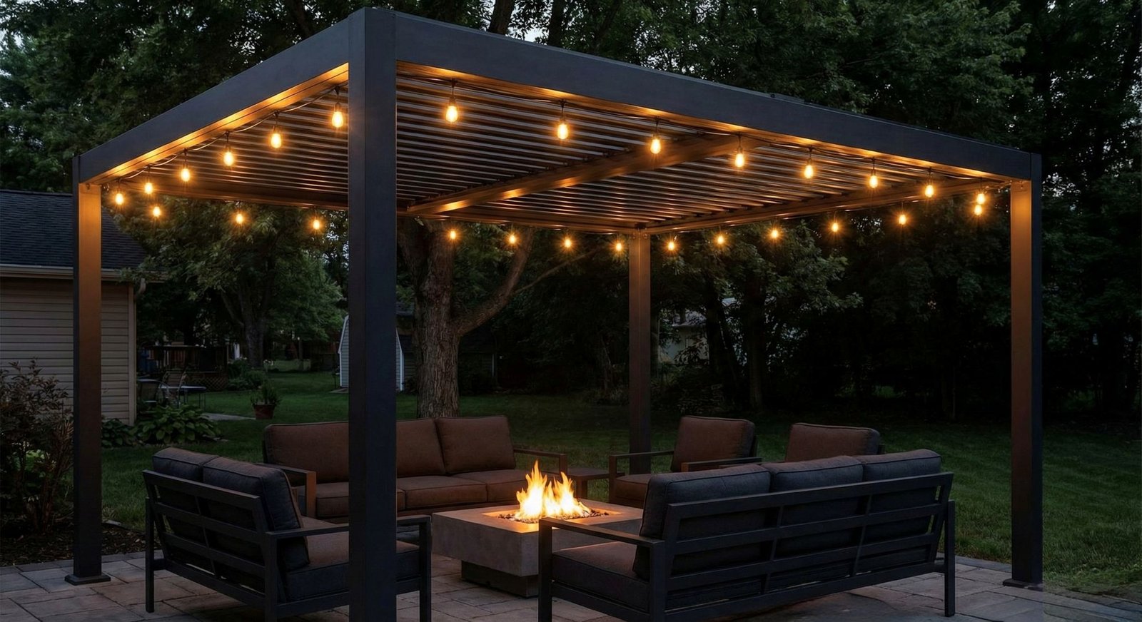 Modern pergola with string lights and fire pit