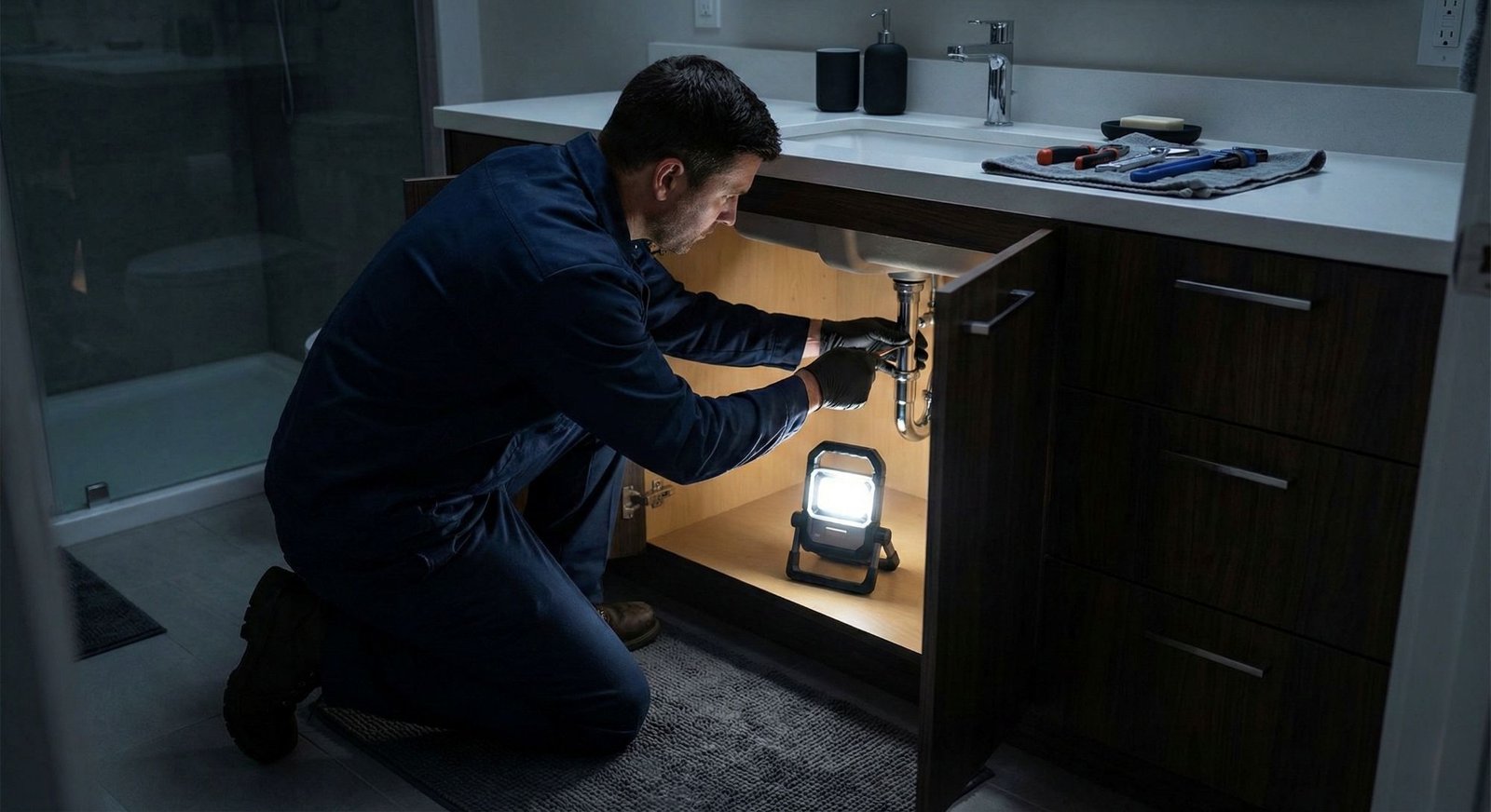 Plumber working under bathroom sink